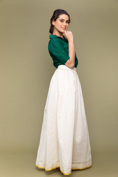 Luxury Forest Green Crop Shirt in Handwoven Cotton with Off-White Chanderi Handloom Skirt (Set of 2) | Vinusto