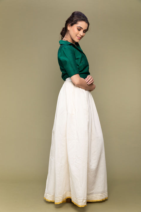 Premium Forest Green Crop Shirt in Handwoven Cotton with Off-White Chanderi Handloom Skirt (Set of 2) | Vinusto