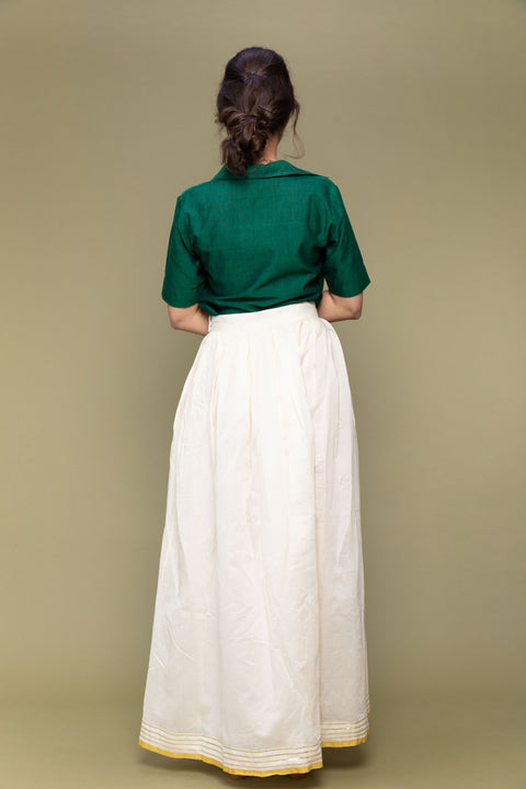Handcraft Forest Green Crop Shirt in Handwoven Cotton with Off-White Chanderi Handloom Skirt (Set of 2) | Vinusto