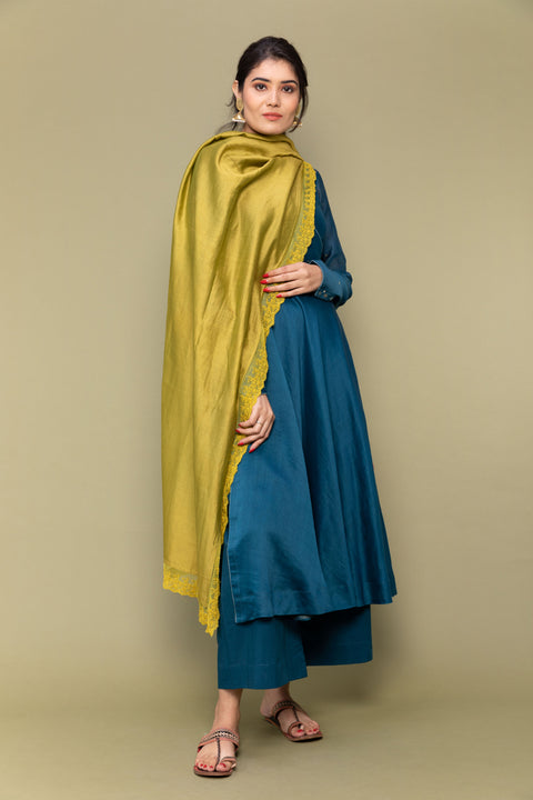 Shop Teal Blue Anarkali Chanderi Handloom Kurta with Cotton Palazzo & Chanderi Dupatta in Lime Yellow(Set Of 3) - By Vinusto