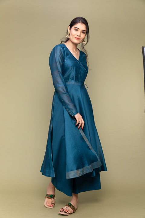 Order Teal Blue Anarkali Chanderi Handloom Kurta with Cotton Palazzo & Chanderi Dupatta in Lime Yellow(Set Of 3) - By Vinusto