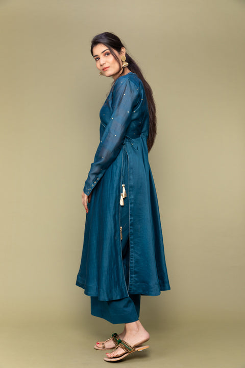 Handcrafted Teal Blue Anarkali Chanderi Handloom Kurta with Cotton Palazzo & Chanderi Dupatta in Lime Yellow(Set Of 3) - By Vinusto
