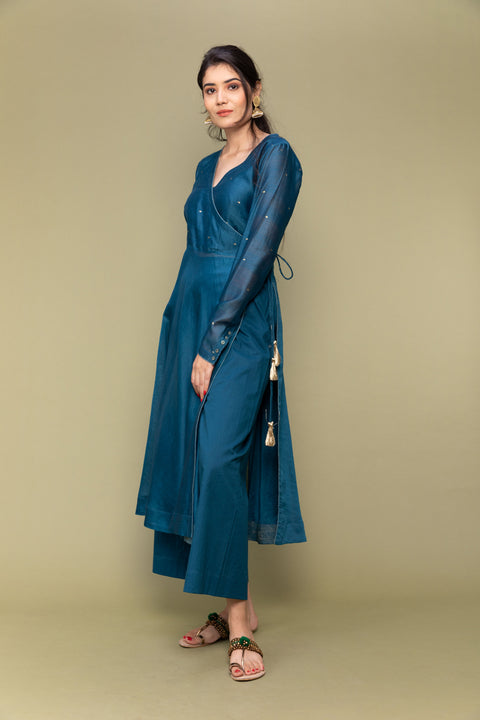 Premium Teal Blue Anarkali Chanderi Handloom Kurta with Cotton Palazzo & Chanderi Dupatta in Lime Yellow(Set Of 3) - By Vinusto