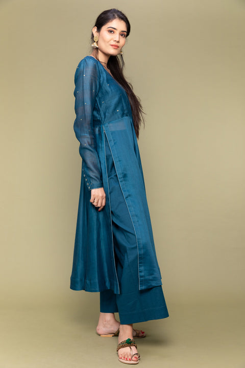 Luxury Teal Blue Chanderi Handloom Anarkali with Cotton Palazzo - Set of 2

