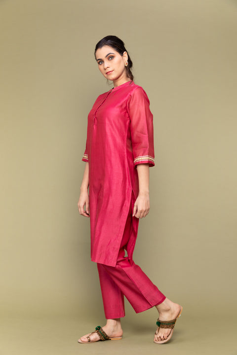Fuchsia Pink Chanderi Handloom Kurta With Bell Sleeves