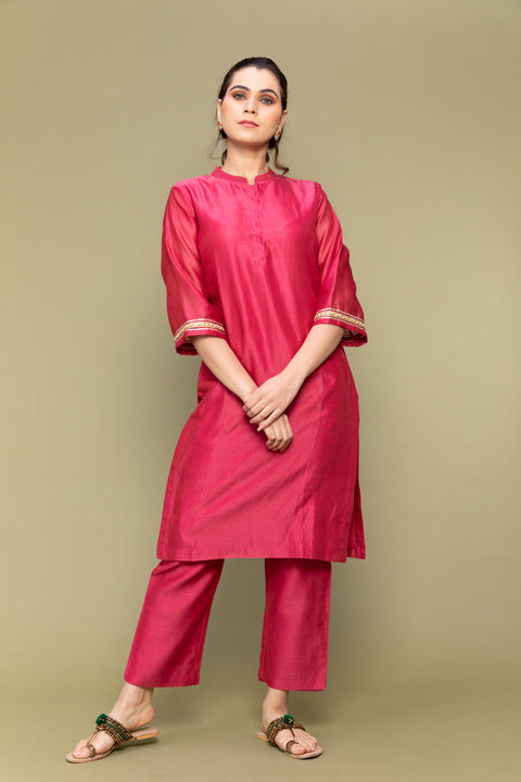 Fuchsia Pink Chanderi Handloom Kurta With Bell Sleeves