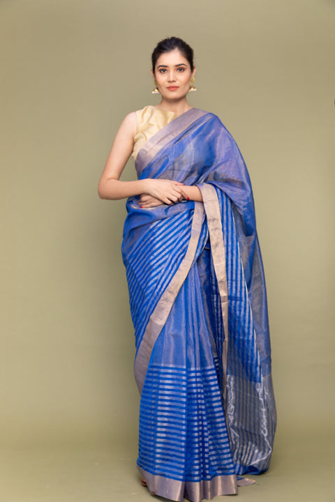 Shop Royal Blue Tissue Saree with Zari Stripes | Handloom Collection

