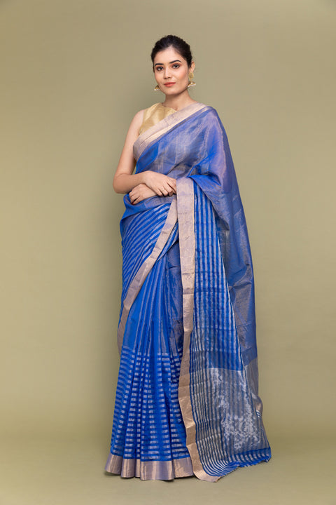 Buy Royal Blue Tissue Saree with Zari Stripes | Handloom Collection

