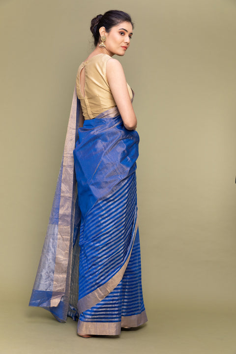 Premium Royal Blue Tissue Saree with Zari Stripes | Handloom Collection

