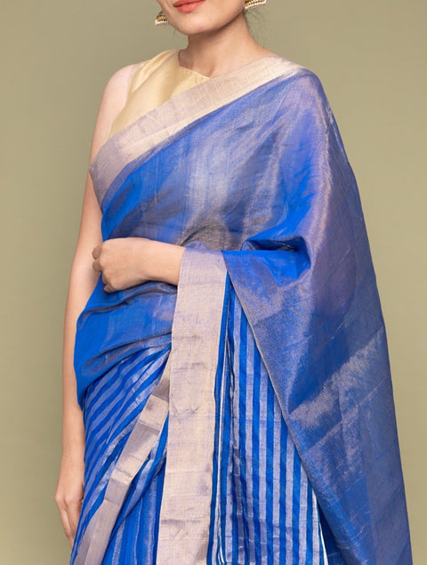 Handcraft Royal Blue Tissue Saree with Zari Stripes | Handloom Collection


