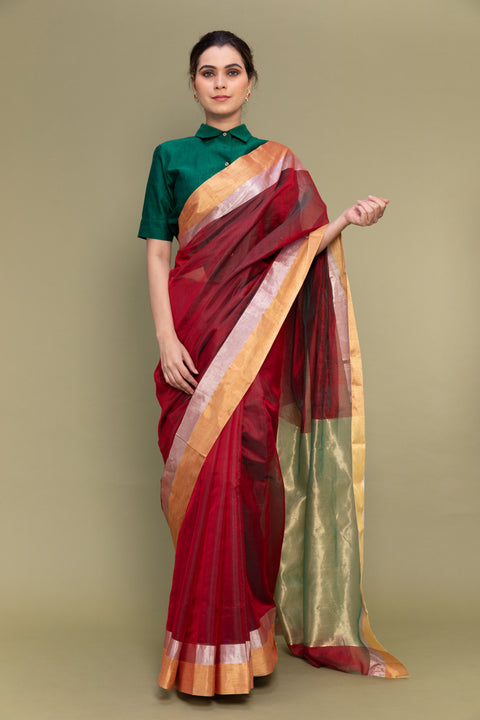 Shop Crimson Red Handloom Chanderi Saree with Dual Border

