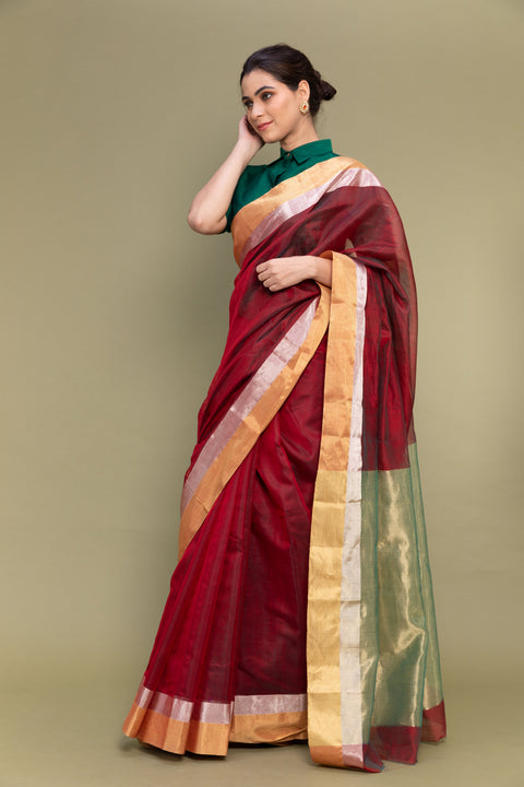 Order Crimson Red Handloom Chanderi Saree with Dual Border