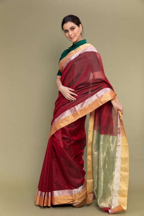 Luxury Crimson Red Handloom Chanderi Saree with Dual Border

