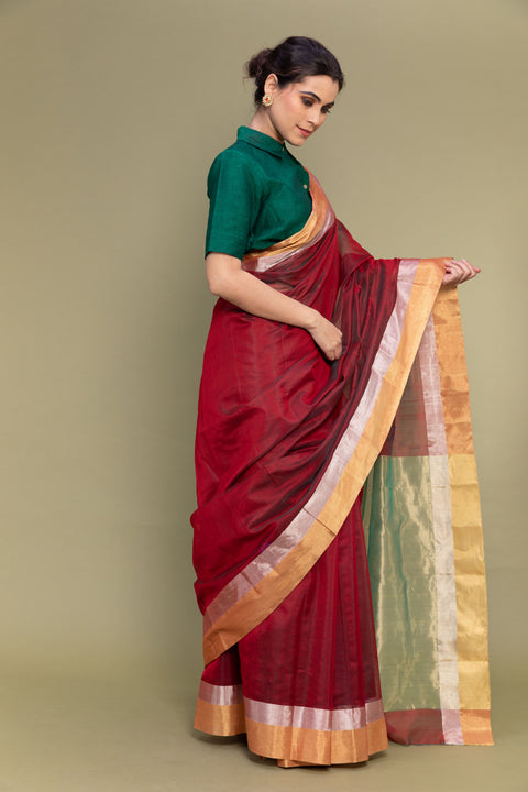 Premium Crimson Red Handloom Chanderi Saree with Dual Border

