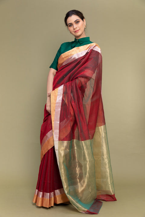 Buy Crimson Red Handloom Chanderi Saree with Dual Border

