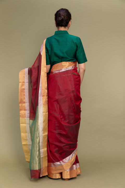 Handcraft Crimson Red Handloom Chanderi Saree with Dual Border


