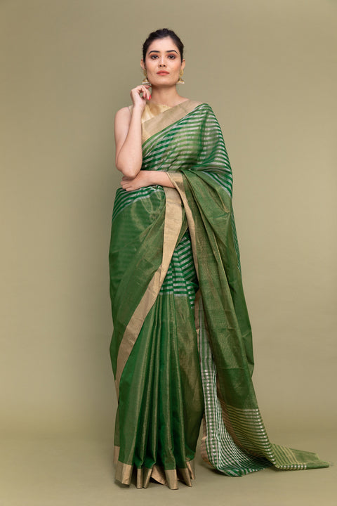 Shop Tissue Saree in Fern Green with Zari Stripes - Vinusto

