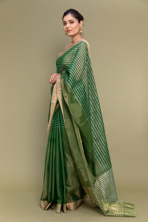 Buy Tissue Saree in Fern Green with Zari Stripes - Vinusto


