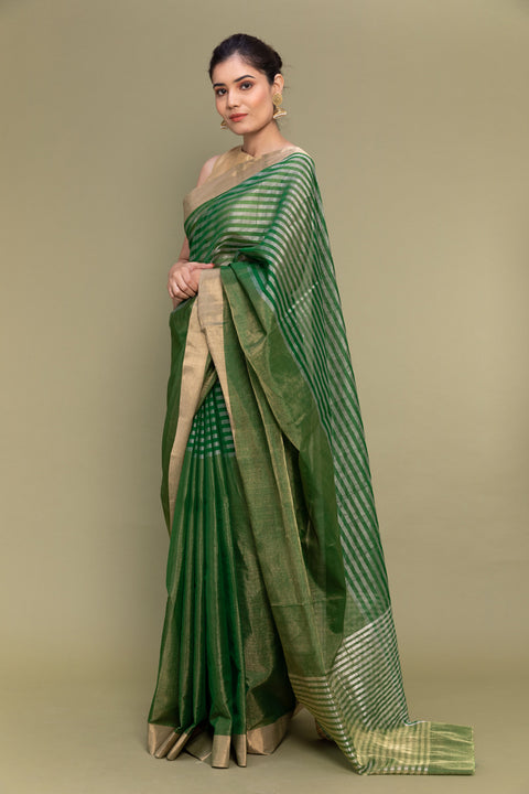 Tissue Saree in Fern Green with Zari Stripes (Handloom)