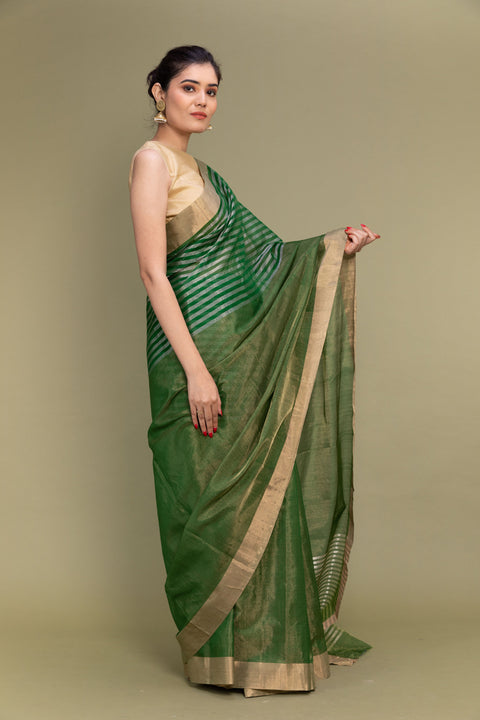 Luxury Tissue Saree in Fern Green with Zari Stripes - Vinusto

