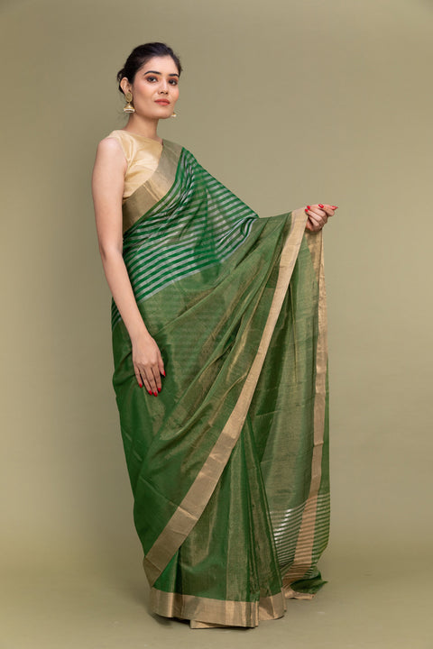 Premium Tissue Saree in Fern Green with Zari Stripes - Vinusto

