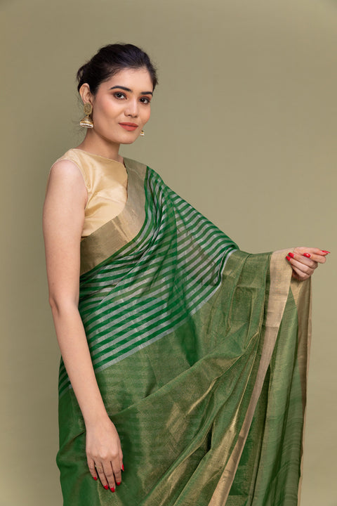 Handcraft Tissue Saree in Fern Green with Zari Stripes - Vinusto

