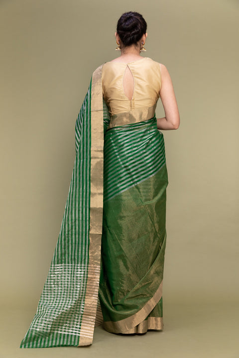 100% Authentic  Tissue Saree in Fern Green with Zari Stripes - Vinusto

