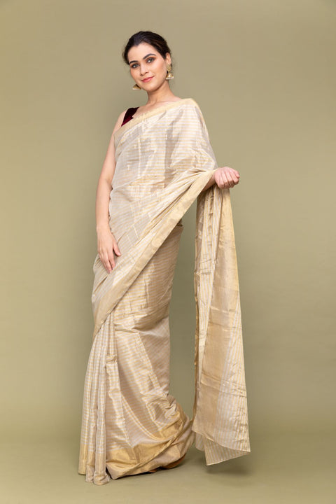 Buy Gold & Silver Pinstripe Zari Saree – Handloom Elegance

