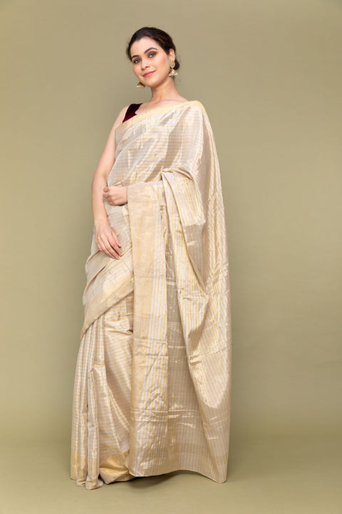 Shop Gold & Silver Pinstripe Zari Saree – Handloom Elegance

