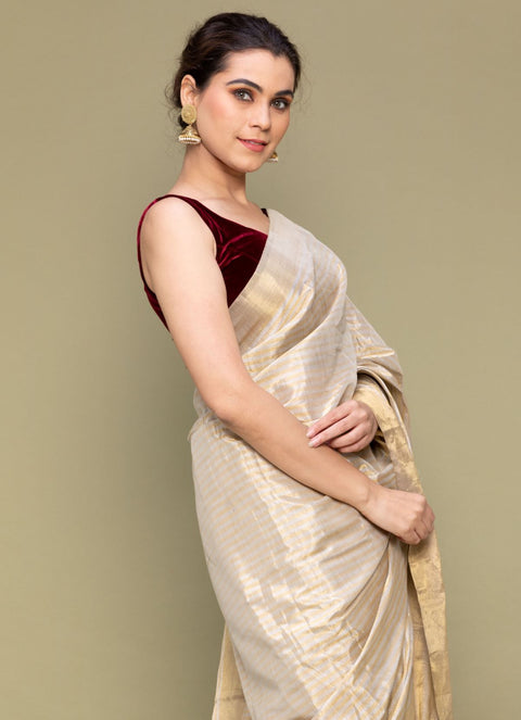 Premium Gold & Silver Pinstripe Zari Saree – Handloom Elegance

