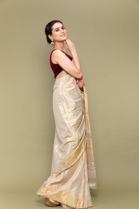 Luxury Gold & Silver Pinstripe Zari Saree – Handloom Elegance

