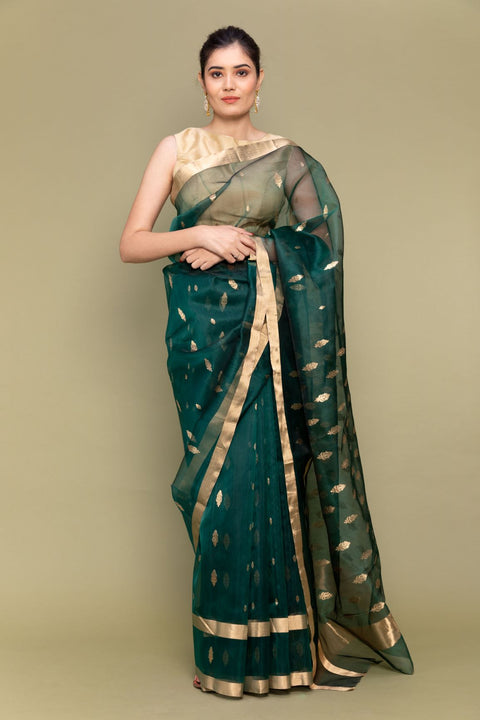 Shop Emerald Green Handloom Silk Saree with Parallel Line Borders

