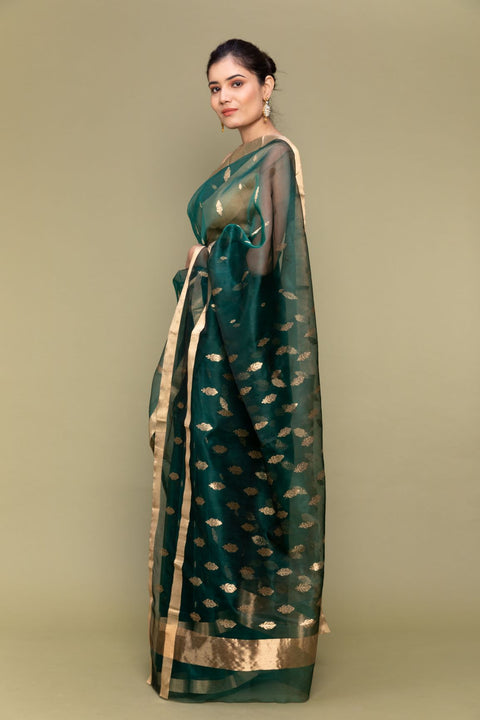 Buy Emerald Green Handloom Silk Saree with Parallel Line Borders

