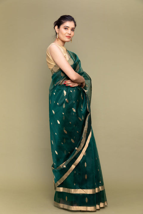 Order Emerald Green Handloom Silk Saree with Parallel Line Borders

