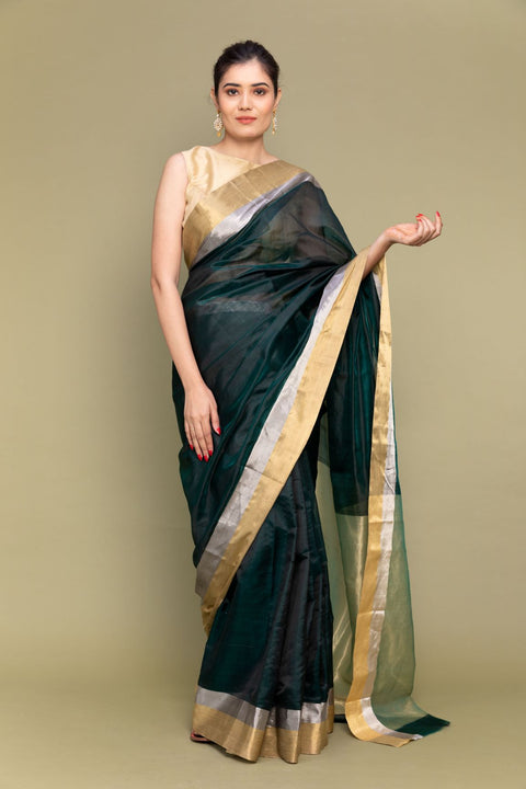 Shop Forest Green Handloom Chanderi Saree with Dual Border - Vinusto

