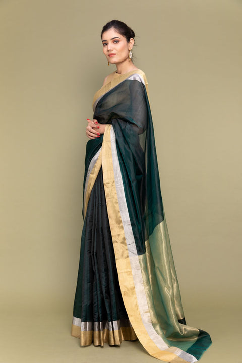Buy Forest Green Handloom Chanderi Saree with Dual Border - Vinusto

