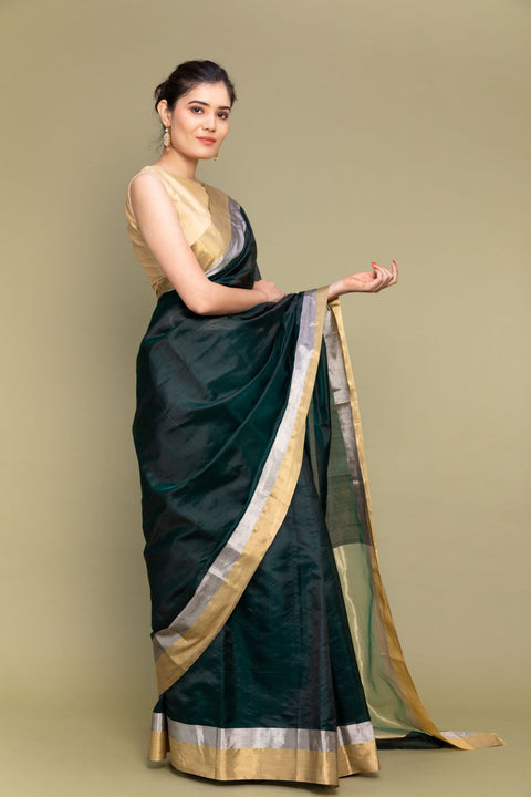 Order Forest Green Handloom Chanderi Saree with Dual Border - Vinusto

