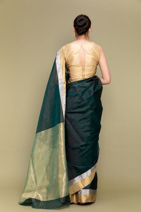 Luxury Forest Green Handloom Chanderi Saree with Dual Border - Vinusto

