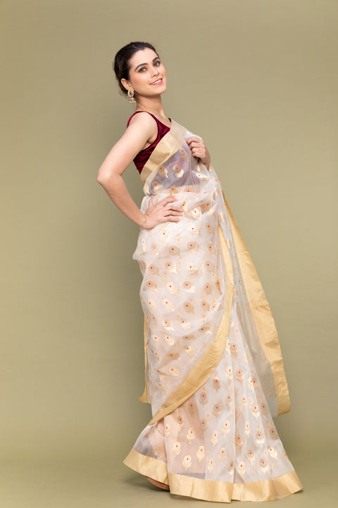 White & Gold Handloom Silk Saree with Meenakari