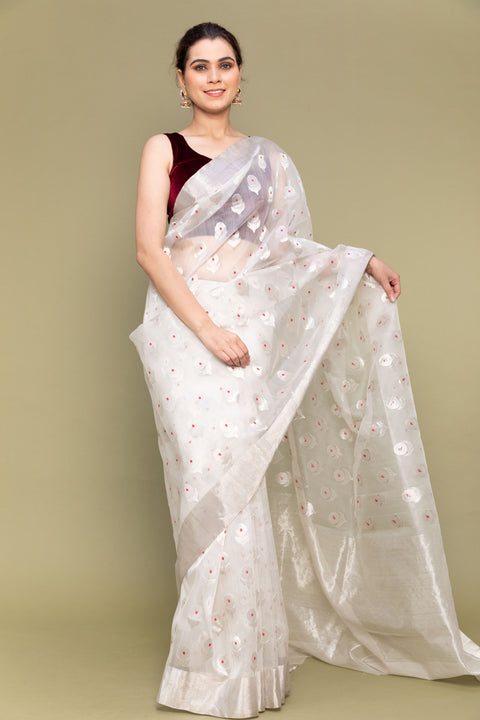 White & Silver Handloom Silk Saree with Meenakari