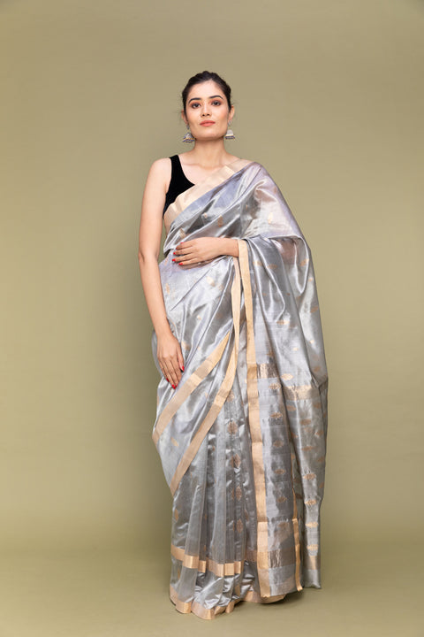 Order Silver Grey Handloom Silk Saree with Parallel Line Borders

