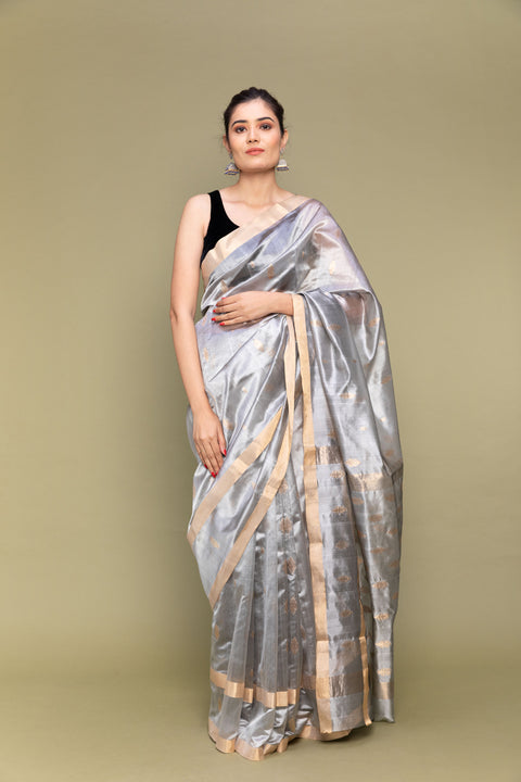 Silver Grey Handloom Silk Saree with Parallel Line Borders