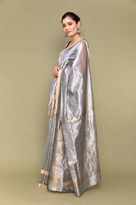 Buy Silver Grey Handloom Silk Saree with Parallel Line Borders

