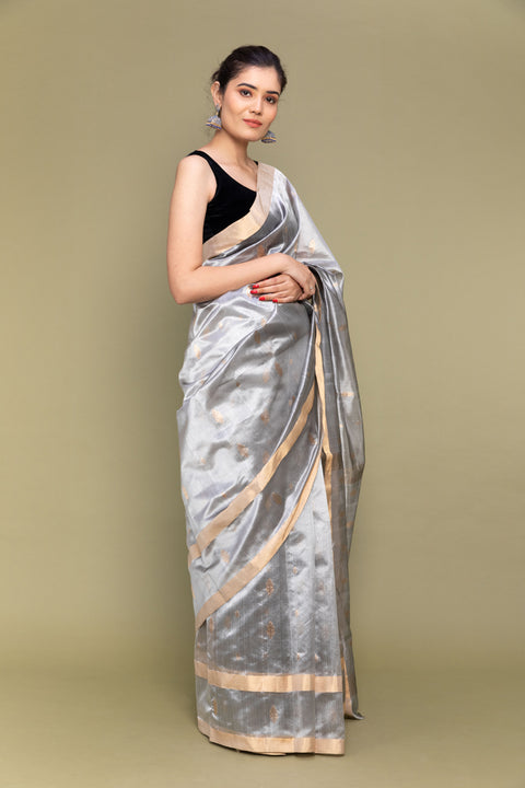 Shop Silver Grey Handloom Silk Saree with Parallel Line Borders

