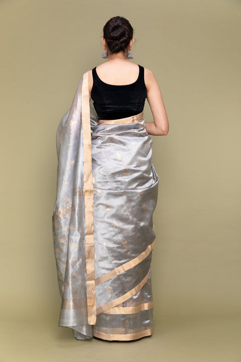 Luxury Silver Grey Handloom Silk Saree with Parallel Line Borders

