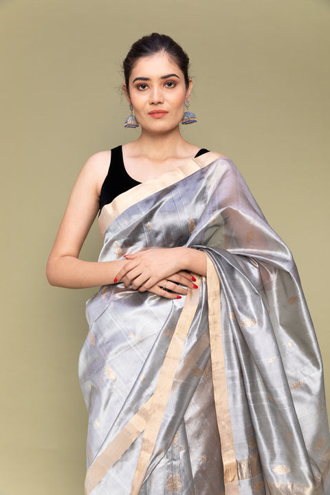 Premium Silver Grey Handloom Silk Saree with Parallel Line Borders

