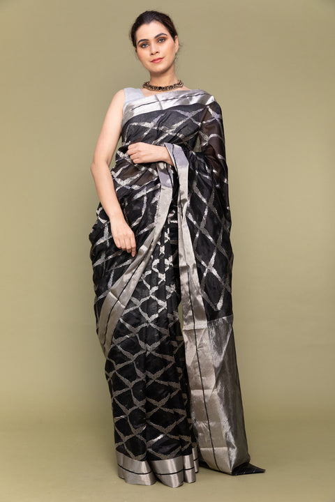 Shop Black & Silver Handloom Silk Saree with Jaal Work


