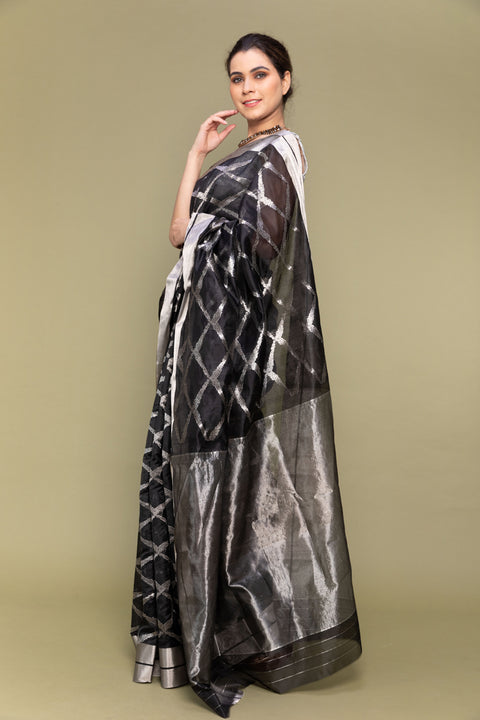 Buy Black & Silver Handloom Silk Saree with Jaal Work


