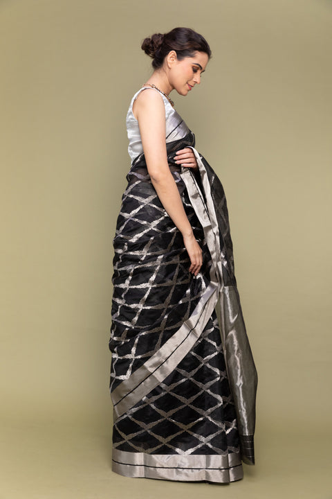 Order Black & Silver Handloom Silk Saree with Jaal Work

