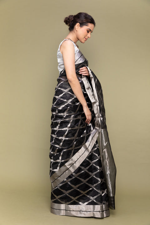 Black & Silver Handloom Silk Saree with Jaal Work